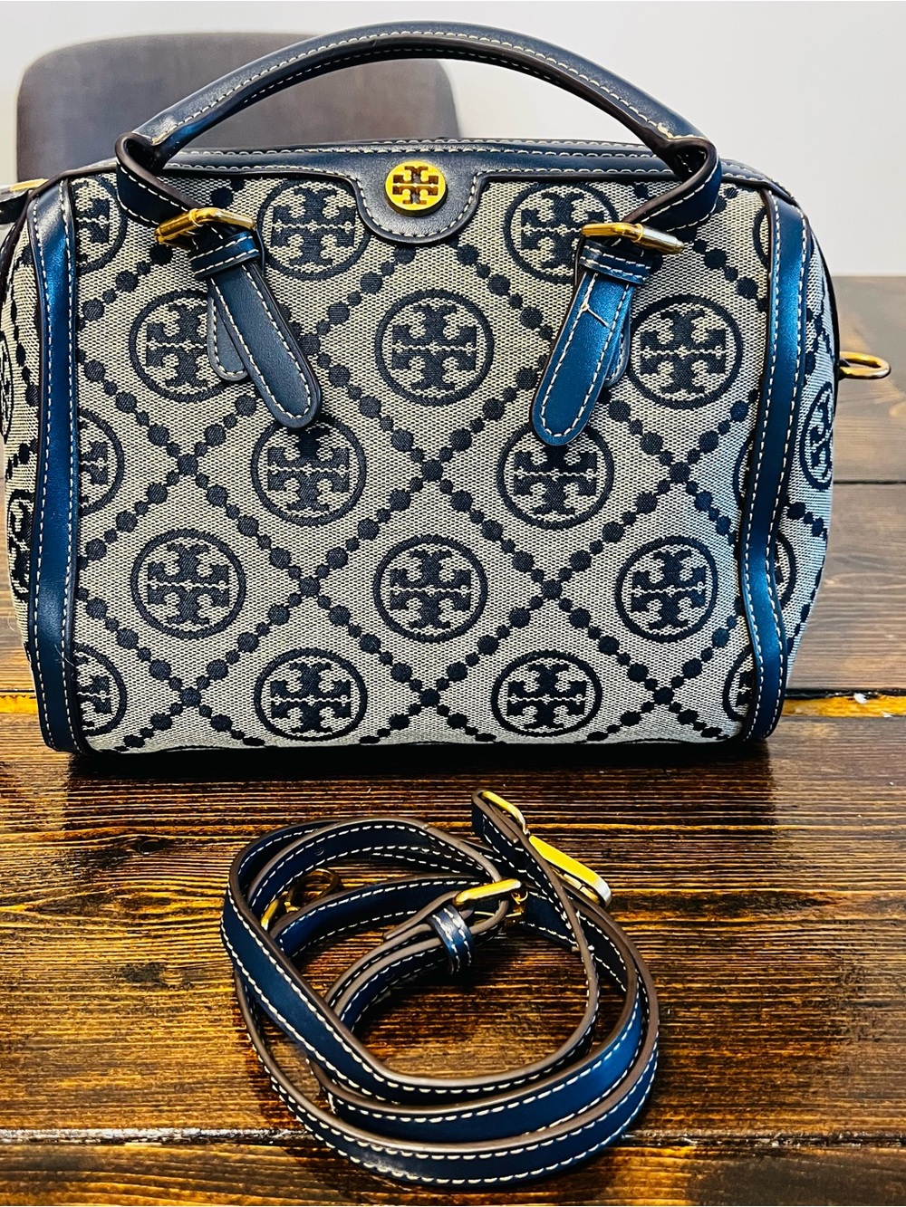 Tory Burch Navy and Cream Canvas Logo Satchel with Gold-Tone Accent